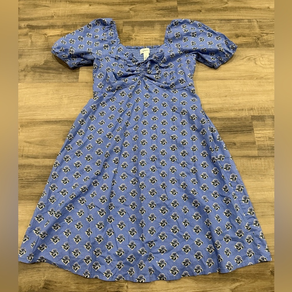 Japna Blue Floral Puff Sleeve Midi Dress Smocked Back